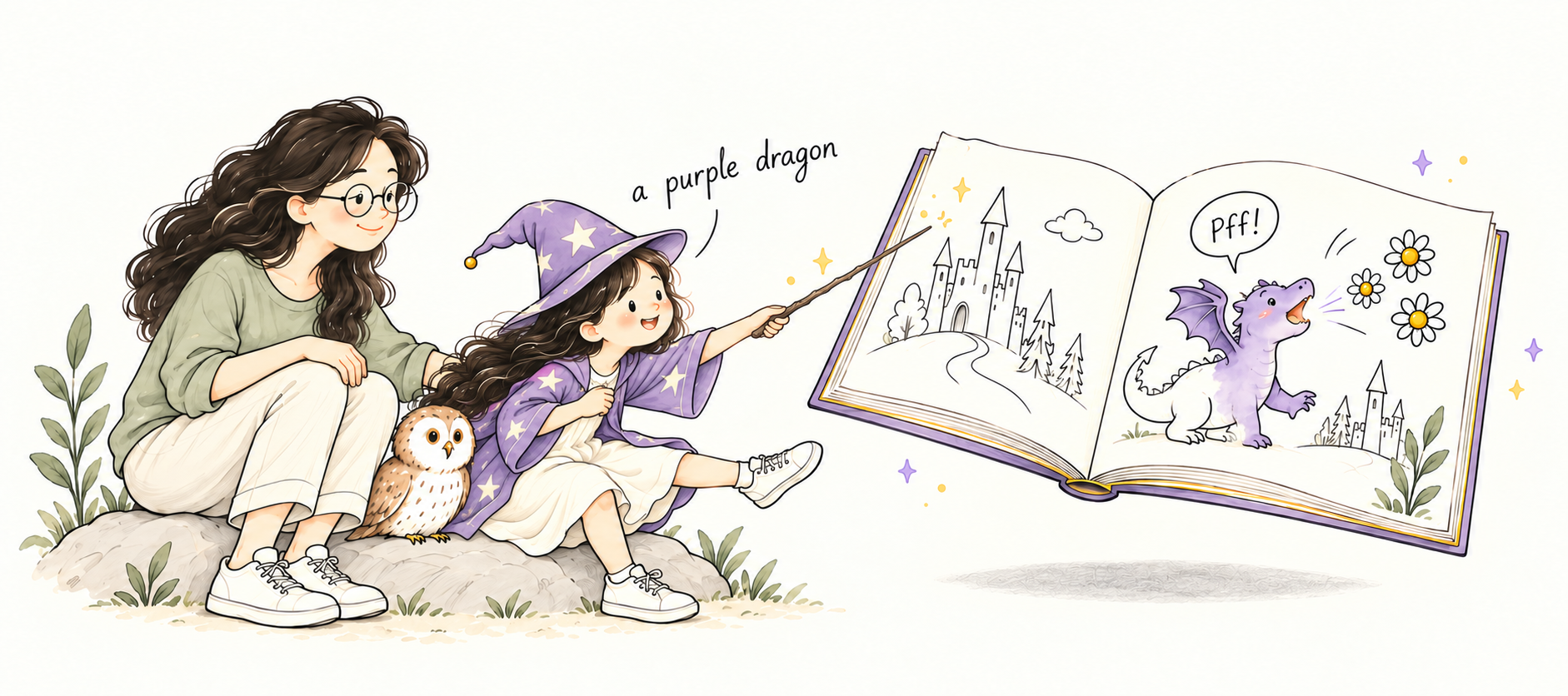 A girl leans forward with her wand and says “a purple dragon” toward a floating book. Her mother, in sage green, watches beside her. Pencil outlines become Bumble the purple dragon breathing flowers, with a few small sparks around the book.